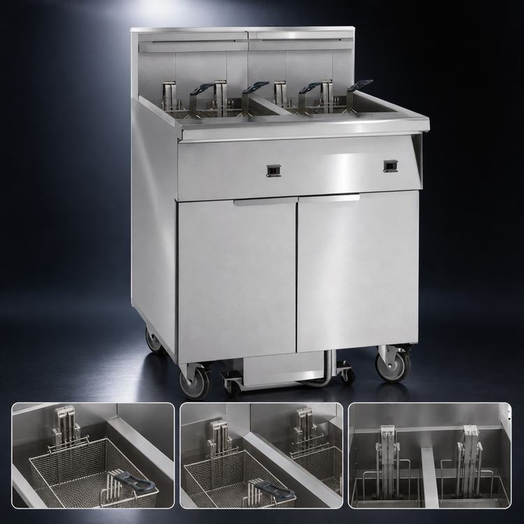 Product image #3 for Imperial 3-Battery Electric Floor Fryer with Built-In Space Saver Filter System, 50 lb. Tanks