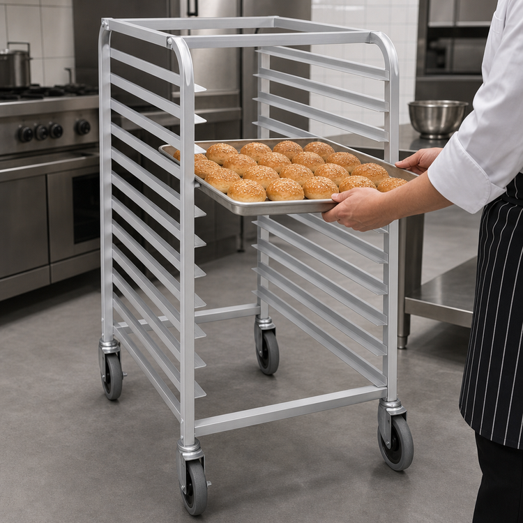 Product image #3 for 10-Tier Aluminum End-Load Bun Pan Rack with Swivel Casters