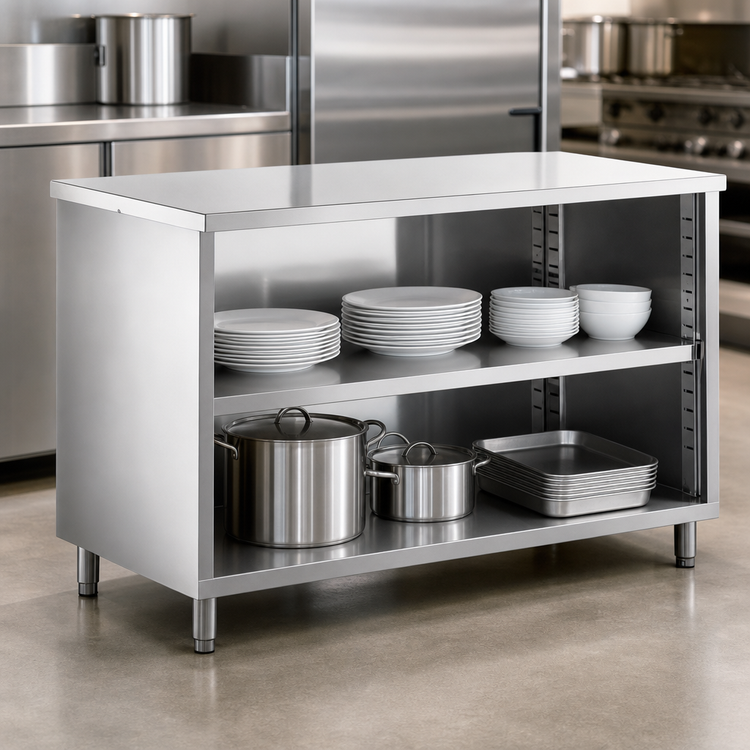 Product image #3 for Steel Works Stainless 48 Inch Wide x 15 Inch Deep x 36 Inch High 18-Gauge 304 Stainless Steel Open Dish Cabinet with Adjustable Mid-Shelf