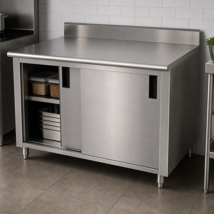 Product image #3 for Advance Tabco Cabinet-Base Enclosed Work Table with Sliding Doors, 144 x 36 Inches, 14 Gauge 304 Stainless Steel Top, 5 Inch Backsplash