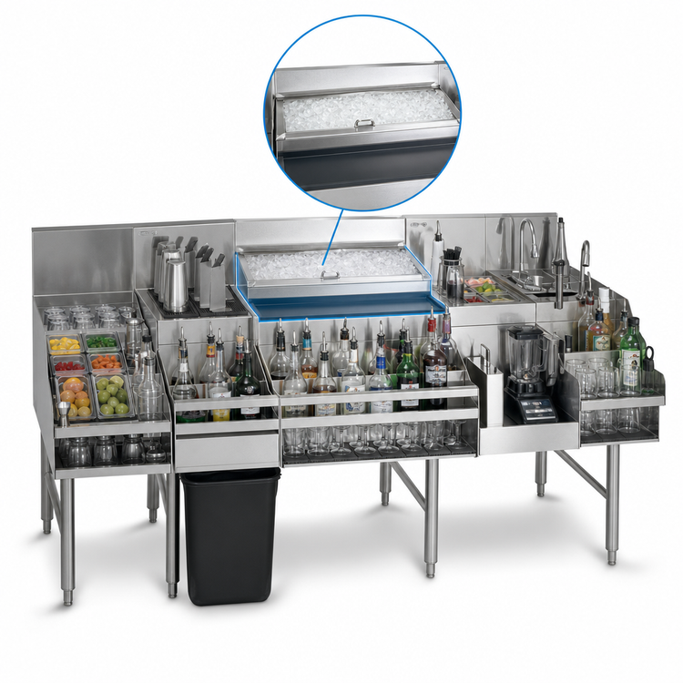 Product image #3 for Glastender All-In-One Underbar Ice Bin/Cocktail Station with Blender Shelf, Sink, and Speed Rail, 60 Inch, 125 lb Ice Capacity