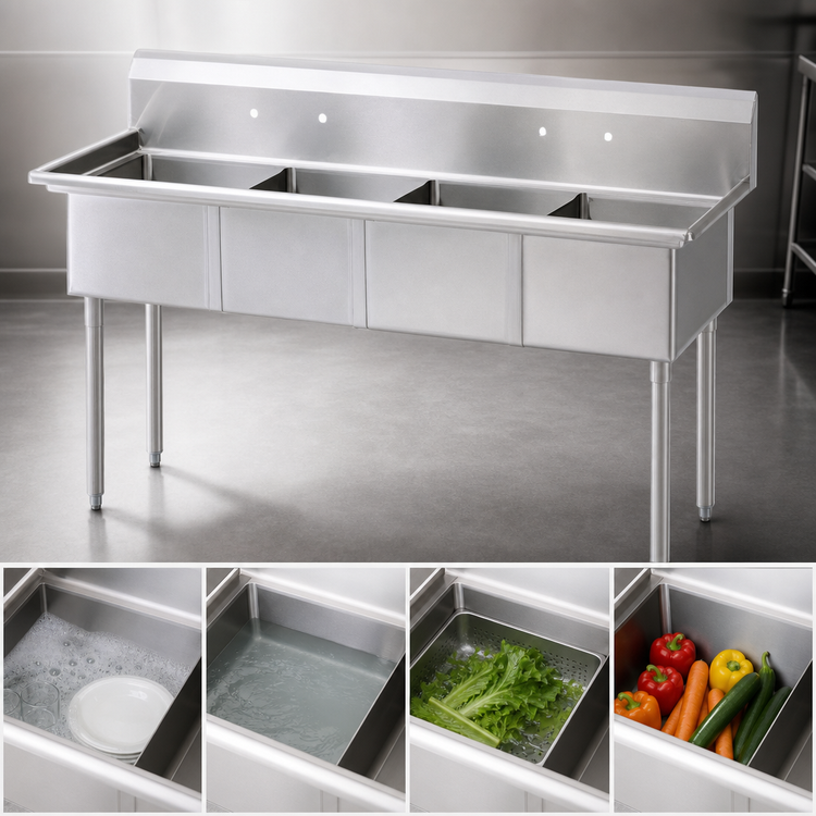 Product image #3 for Turbo Air 4-Compartment Stainless Steel Sink with 18" x 18" Bowls and 11" Backsplash