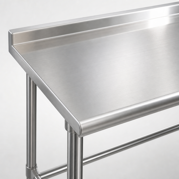 Product image #3 for 30" x 30" 14-Gauge 300 Series Stainless Steel Corner Work Table with Rear Upturn and Galvanized Tubular Base