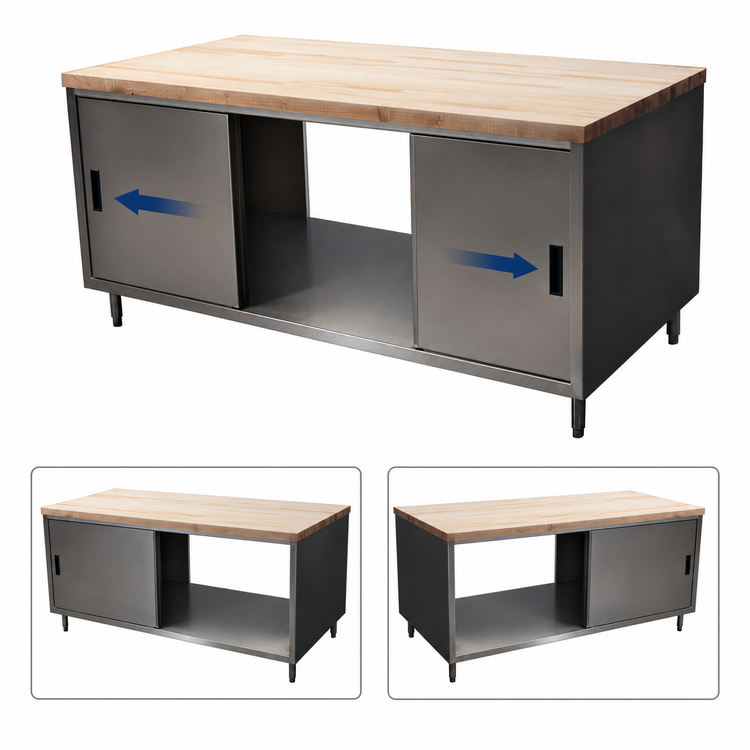 Product image #3 for BK Resources Dual Access Wood Top Chef Table with Cabinet Base and Sliding Doors, 72 x 36 Inches