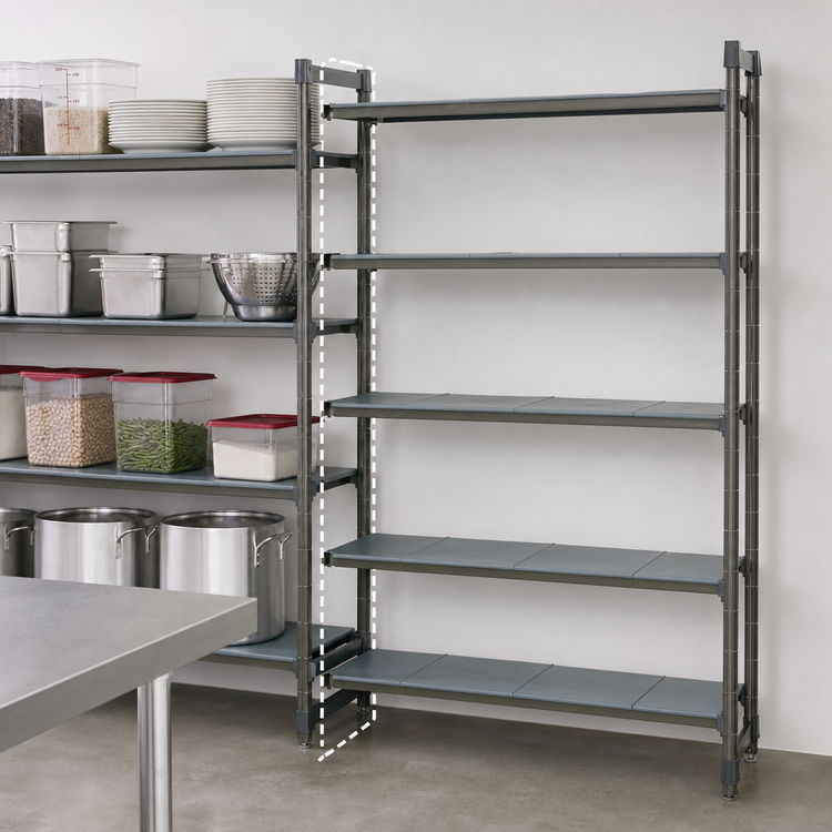 Product image #3 for Cambro Camshelving Basics Plus 5-Tier Solid Add-On Polymer Shelving Unit, 18" x 42" x 84", Brushed Graphite