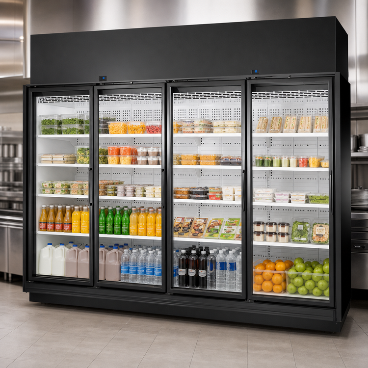Product image #3 for True 4-Section Medium Temperature Glass Door Refrigerated Merchandiser, Self-Contained, Top-Mounted