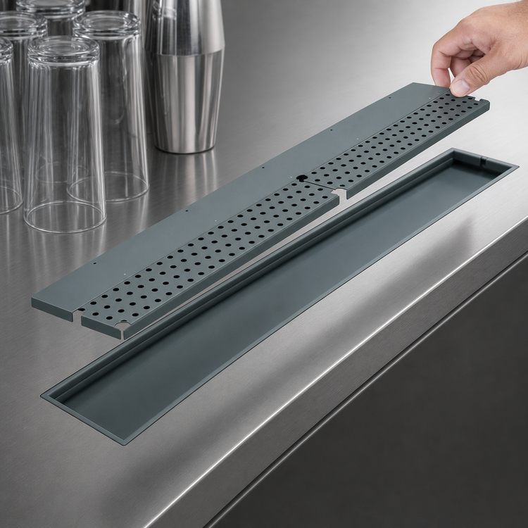 Product image #3 for Advance Tabco 18 Inch Underbar Stainless Steel Bar Drink Rail with Removable Grate