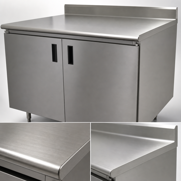 Product image #3 for Advance Tabco Special Value Economy Enclosed Stainless Steel Work Table with Sliding Doors and 5-Inch Backsplash