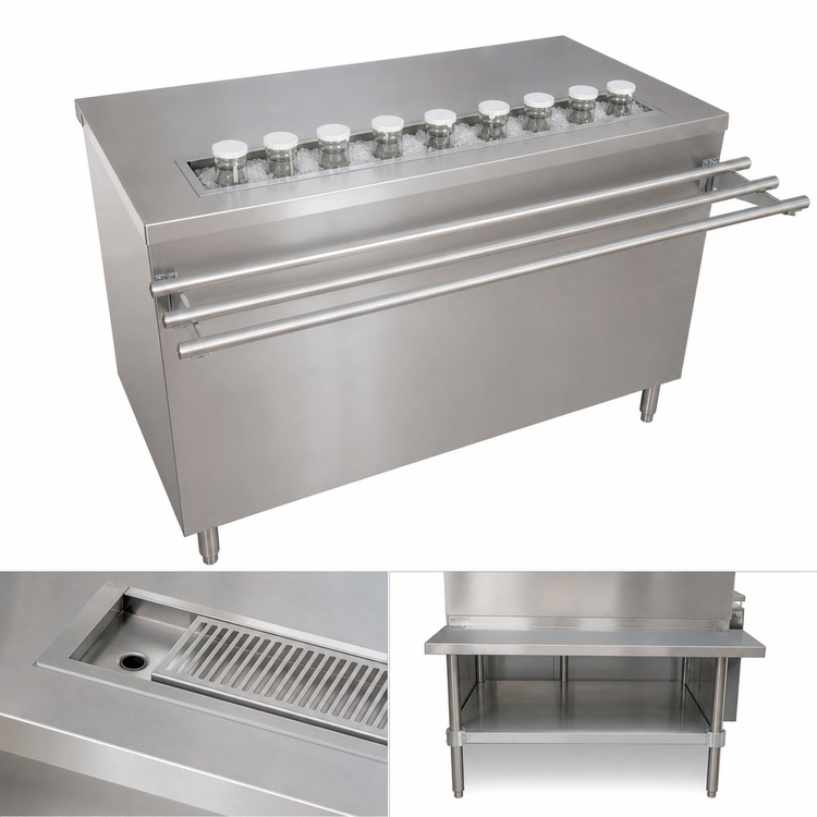 Product image #3 for 72-Inch Stainless Steel Cashier-Serve Counter with Cashier-Side Urn Trough, Drop Shelf, and Adjustable Undershelf
