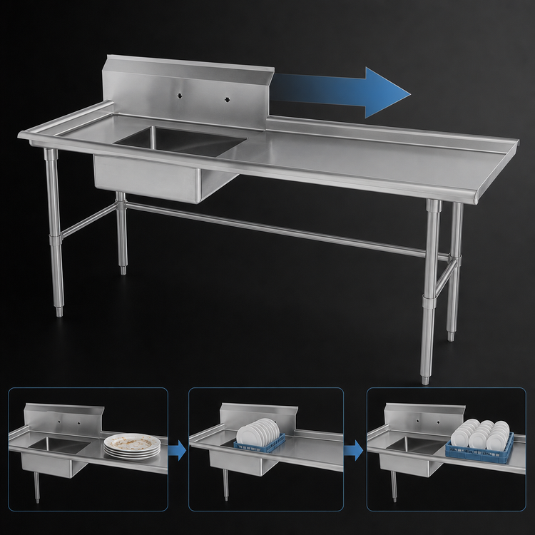 Product image #3 for Steel Works Stainless 48-Inch Left-to-Right Soiled Dish Table with 20 x 20 x 5 Pre-Rinse Bowl