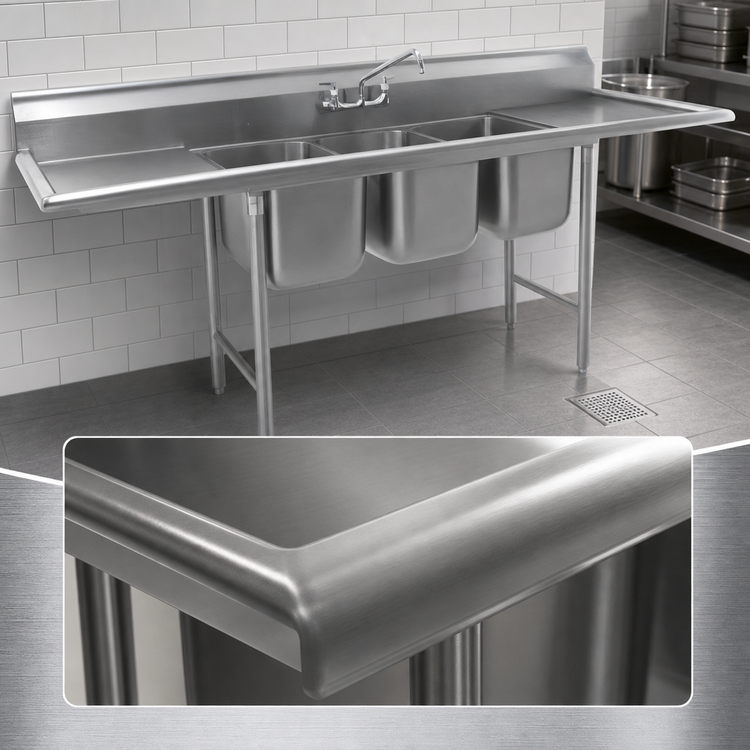 Product image #3 for Eagle Group 314 Series Three-Compartment Sink with Right-Hand Drainboard, 74-3/8" W x 27-1/2" D, 304 Stainless Steel