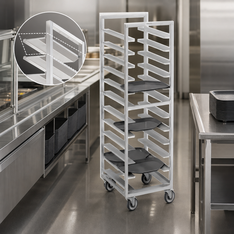 Product image #3 for Channel Manufacturing Trapezoidal Single-Section Aluminum Cafeteria Tray Rack, 40-Tray Capacity, 5-Inch Swivel Casters