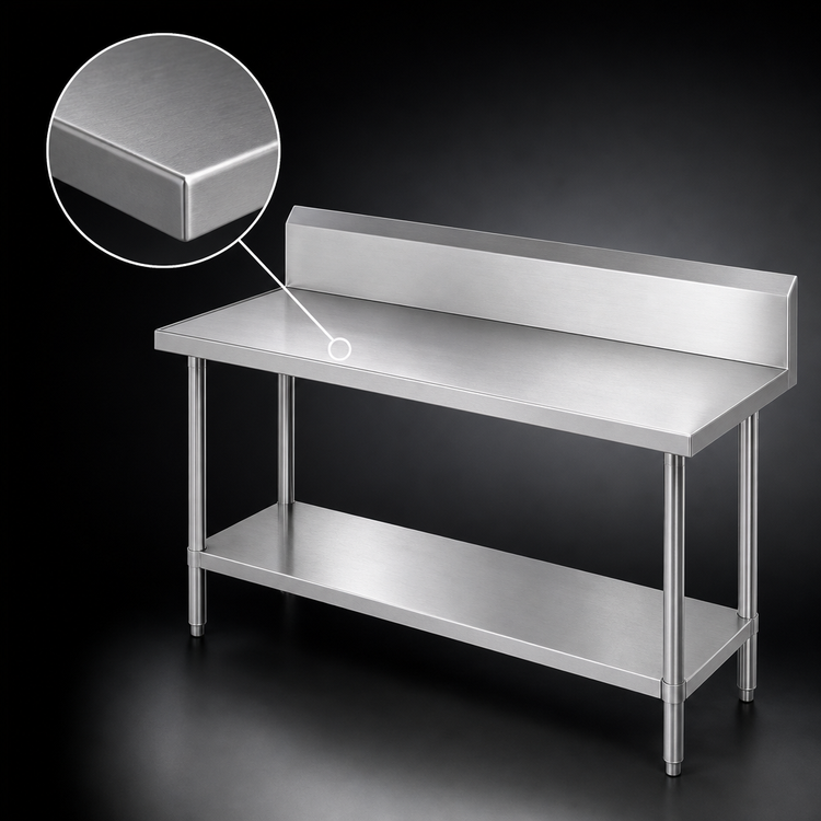 Product image #3 for Advance Tabco 120-Inch x 30-Inch 14-Gauge 304 Stainless Steel Work Table with 10-Inch Backsplash and Undershelf