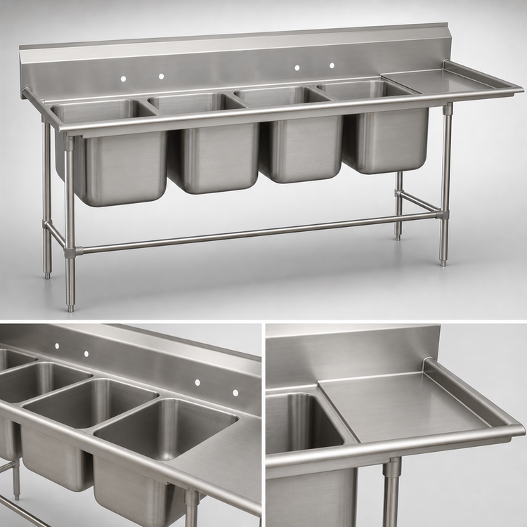 Product image #3 for Advance Tabco Regaline 4-Compartment Sink with Right-Hand Drainboard, 28 x 20 Inch Compartments, 14-Gauge 304 Stainless Steel