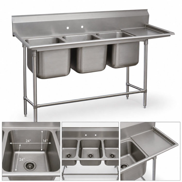 Product image #3 for Regaline 3-Compartment Sink with Right-Hand Drainboard, 24" x 24" Bowls, 14-Gauge 304 Stainless Steel
