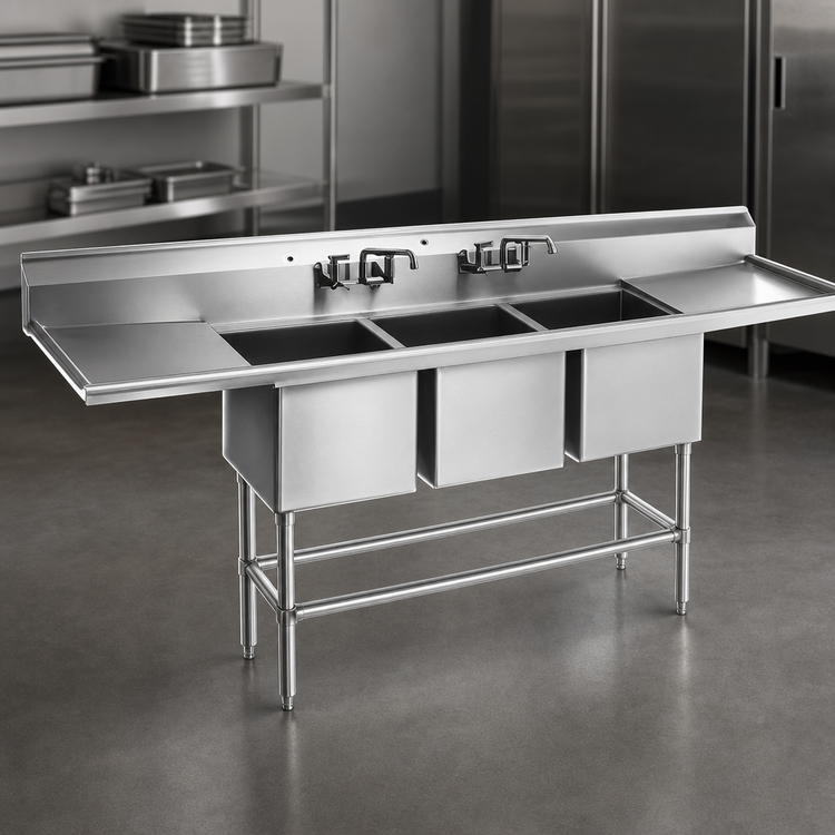 Product image #3 for Spec-Master FN2472-3-30-14/3 Three-Compartment Stainless Steel Sink with Dual 30-inch Drainboards
