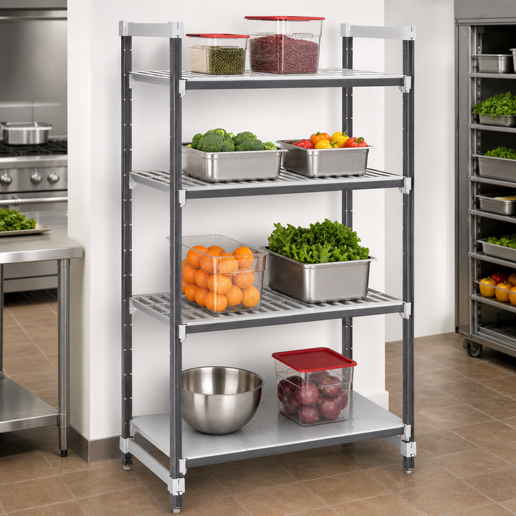 Product image #3 for Cambro Camshelving Elements XTRA 18" x 48" x 64" 4-Tier Stationary Starter Polymer Shelving Unit, 3 Vented and 1 Solid Shelf, Speckled Gray
