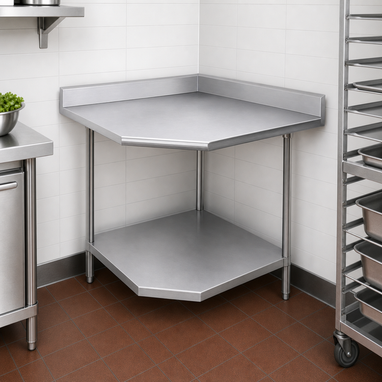 Product image #3 for Advance Tabco 30 x 30 Inch Corner Work Table with 16-Gauge 430 Stainless Steel Top, 5-Inch Backsplash, and Adjustable Undershelf