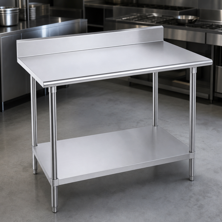 Product image #3 for Advance Tabco KSS-367 84-Inch x 36-Inch 14-Gauge 304 Stainless Steel Work Table with 5-Inch Backsplash and Adjustable Undershelf