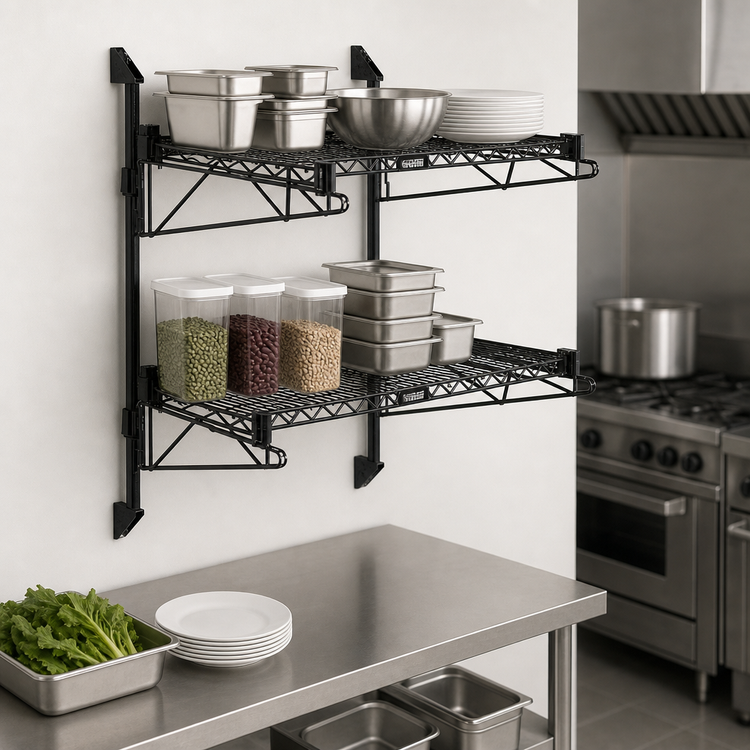 Product image #3 for Quantum Cantilever Double Shelf Wall-Mount Wire Shelving Unit, 2 Shelves, 48 x 14 Inches, Black Epoxy
