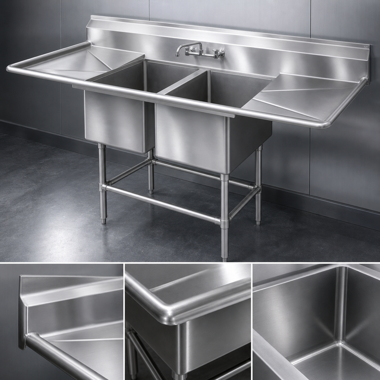 Product image #3 for Eagle Group Spec-Master FN Series Two-Compartment Coved Corner Sink with Dual 18-Inch Drainboards, 80"W x 35"D