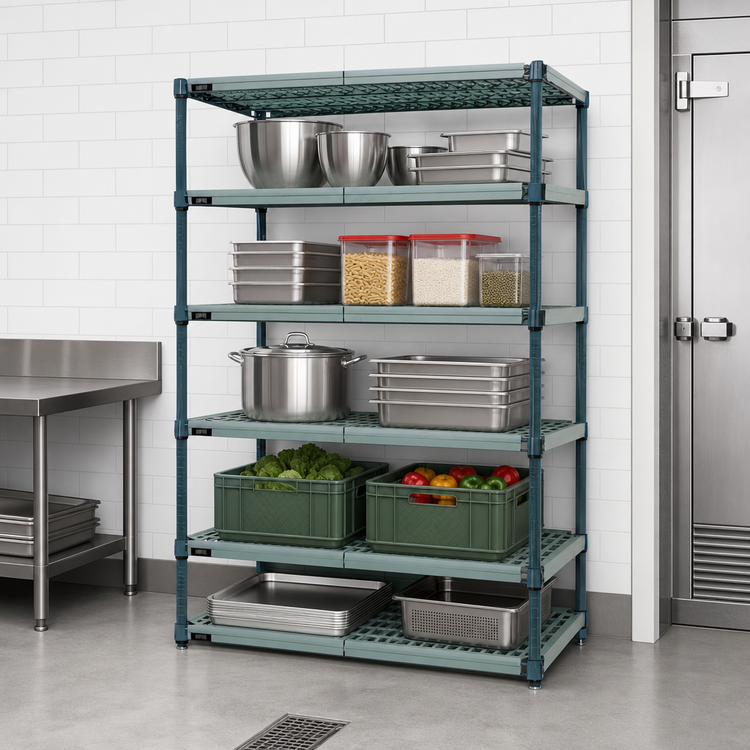 Product image #3 for Quantum Stationary 5-Tier Wire Plastic Mat Shelving Unit, 54 in. W x 24 in. D x 63 in. H, Green Epoxy Coated