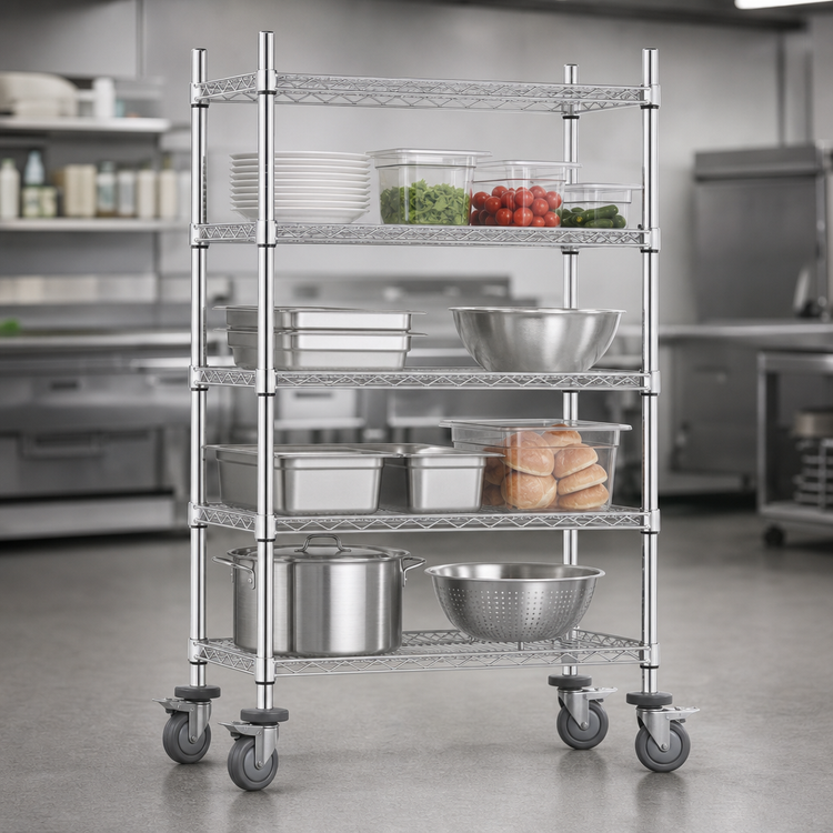 Product image #3 for Chrome Mobile Wire Cart with Poly Casters, 24 x 48 Inch, 4 Shelves