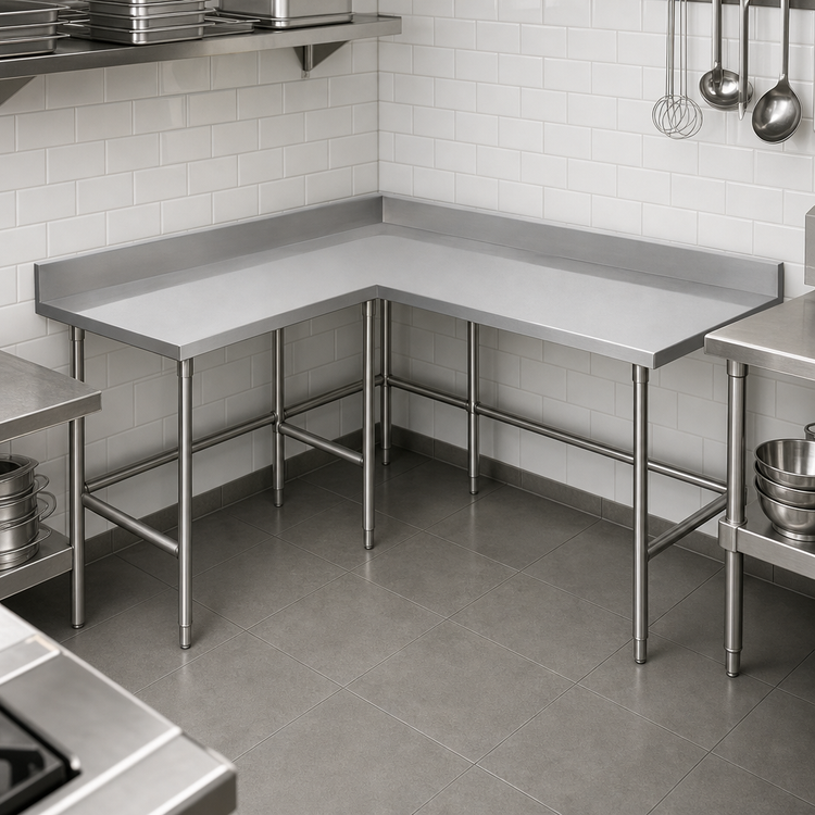 Product image #3 for Advance Tabco KTMS-306 L-Shaped Corner Work Table, 72 x 60 Inches, 30-Inch Working Depth, 14-Gauge 304 Stainless Steel Top, 5-Inch Backsplash