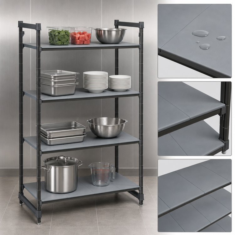 Product image #3 for Cambro Camshelving Basics Plus Stationary 4-Tier Solid Polymer Shelving Starter Unit, 18" x 30" x 64", Brushed Graphite