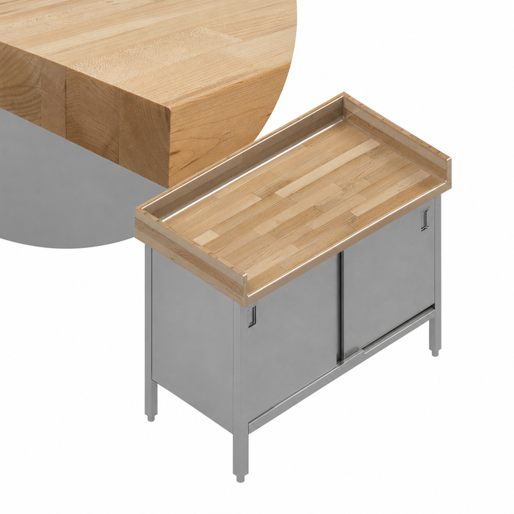 Product image #3 for John Boos Enclosed Base Wood Top Work Table with Sliding Doors, Stainless Steel Base, 36 x 24 x 40-1/2 Inches, 4-Inch Coved Riser