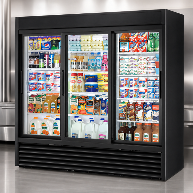 Product image #3 for True 3-Section Glass Door Merchandiser Refrigerator with Sliding Doors, 12 Shelves