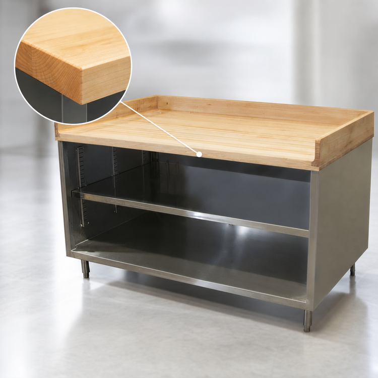 Product image #3 for BK Resources 60-Inch Hard Maple Wood Top Chef Table with Open Front Stainless Steel Cabinet Base