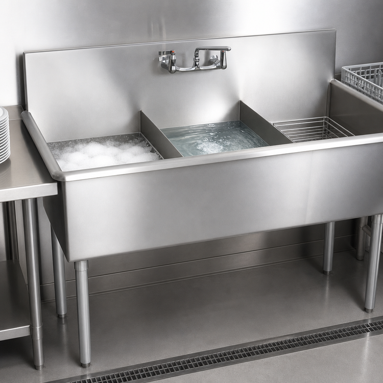 Product image #3 for BK Resources Budget 3-Compartment Stainless Steel Sink with 8-Inch Backsplash, 57 x 21-1/2 x 41 Inches