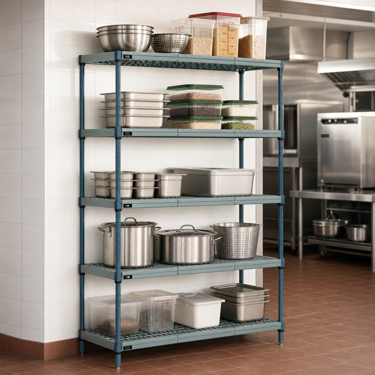 Product image #3 for Quantum 5-Tier Stationary Wire Plastic Mat Shelving Unit, 54W x 21D x 63H, Green Epoxy Antimicrobial Coated