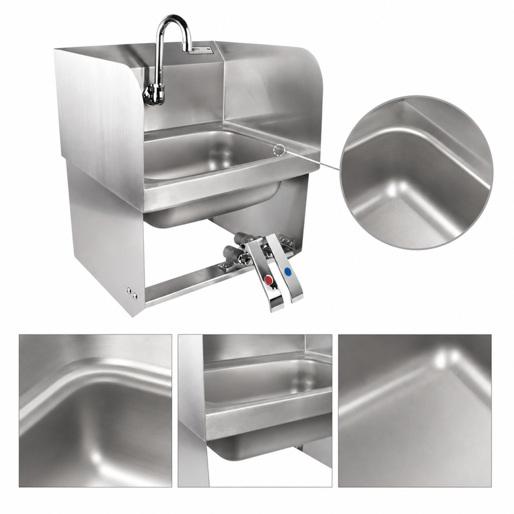 Product image #3 for John Boos Pro-Bowl Wall-Mount Hand Sink with Double Knee Valves, Side Splashes, and Gooseneck Spout, 14 x 10 x 5 Inch Bowl