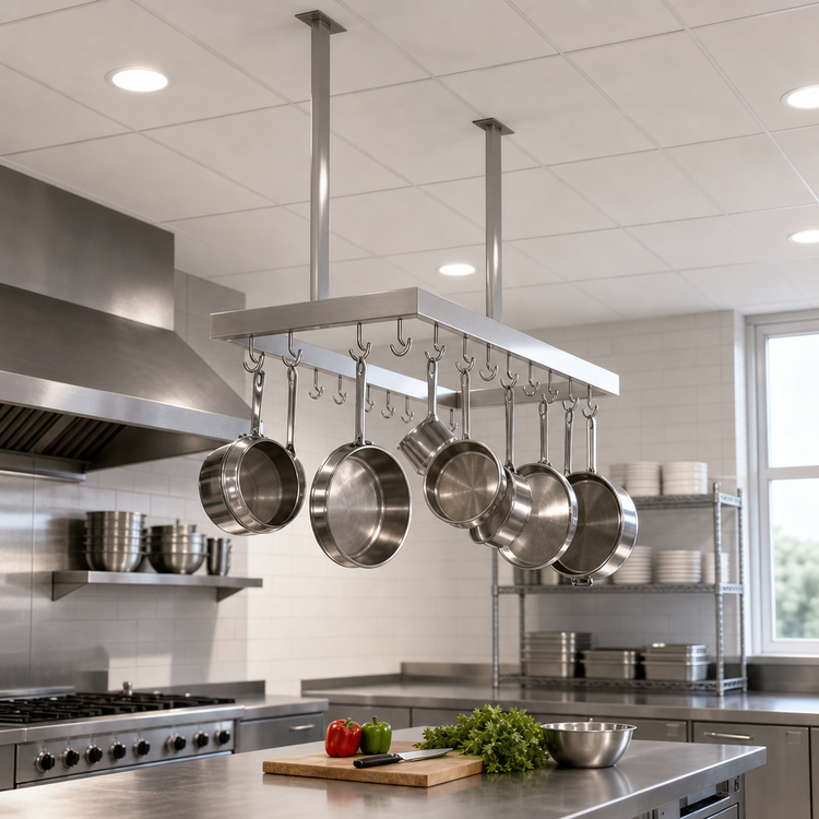Product image #3 for John Boos Square Ceiling-Mounted Stainless Steel Pot Rack with 12 Double Hooks, 43-1/4 x 18 x 48 Inches