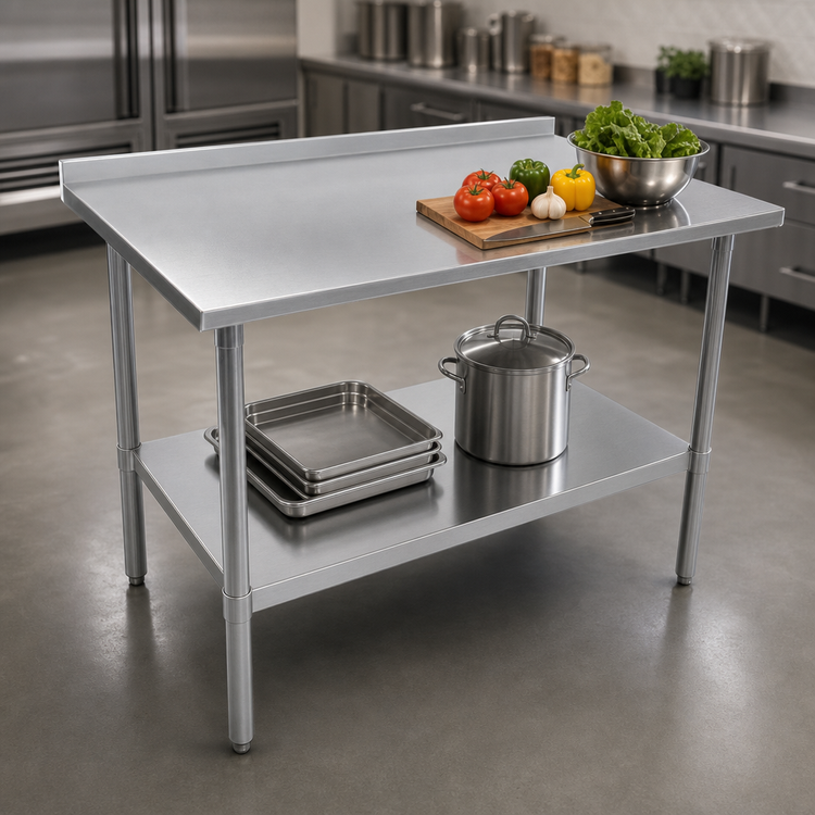 Product image #3 for John Boos Stallion 60-Inch x 24-Inch Stainless Steel Work Table with 1-1/2-Inch Rear Up-Turn, Safety Edge Front, and Adjustable Undershelf