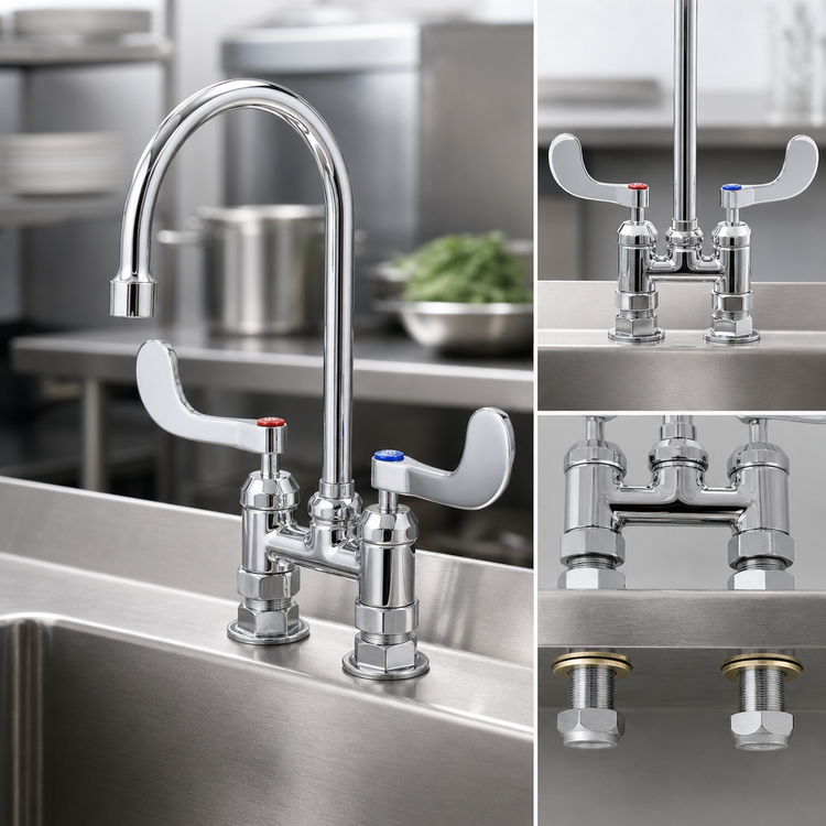 Product image #3 for T&S Brass B-0325-CR-WH4 Double Pantry Deck-Mount Faucet with 5-3/4" Swivel/Rigid Gooseneck Spout, 4" Centers