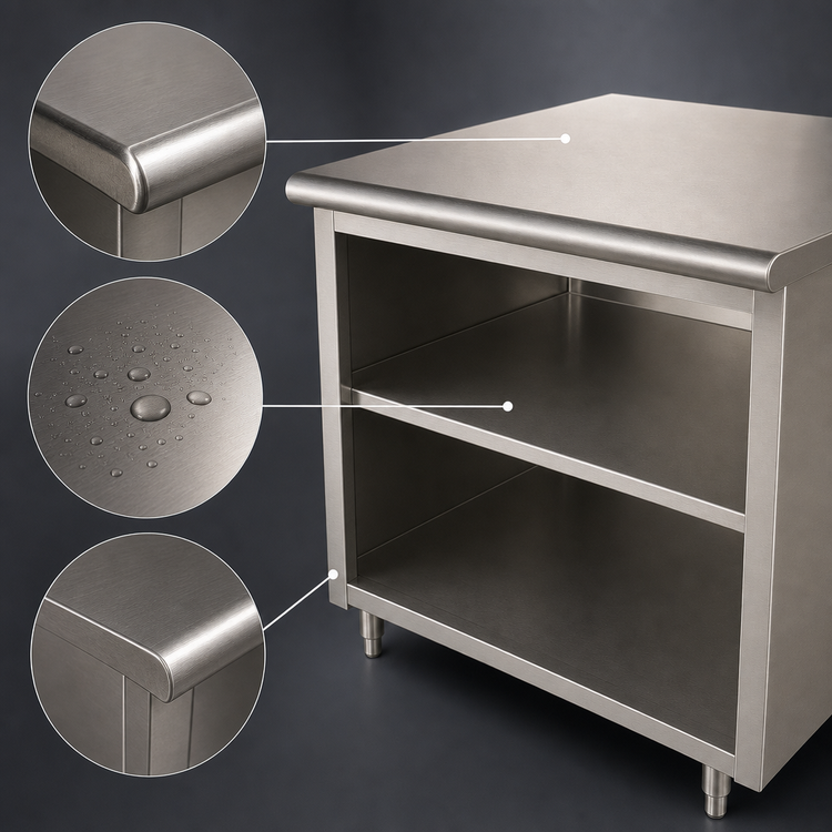 Product image #3 for Advance Tabco 48" x 30" Open Front Cabinet Base Work Table with Mid-Shelf, 14-Gauge 304 Stainless Steel Top