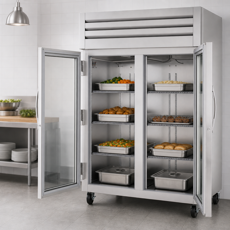 Product image #3 for True SPEC SERIES Two-Section Heated Reach-In Holding Cabinet with 2 Glass Doors and 6 Chrome Shelves