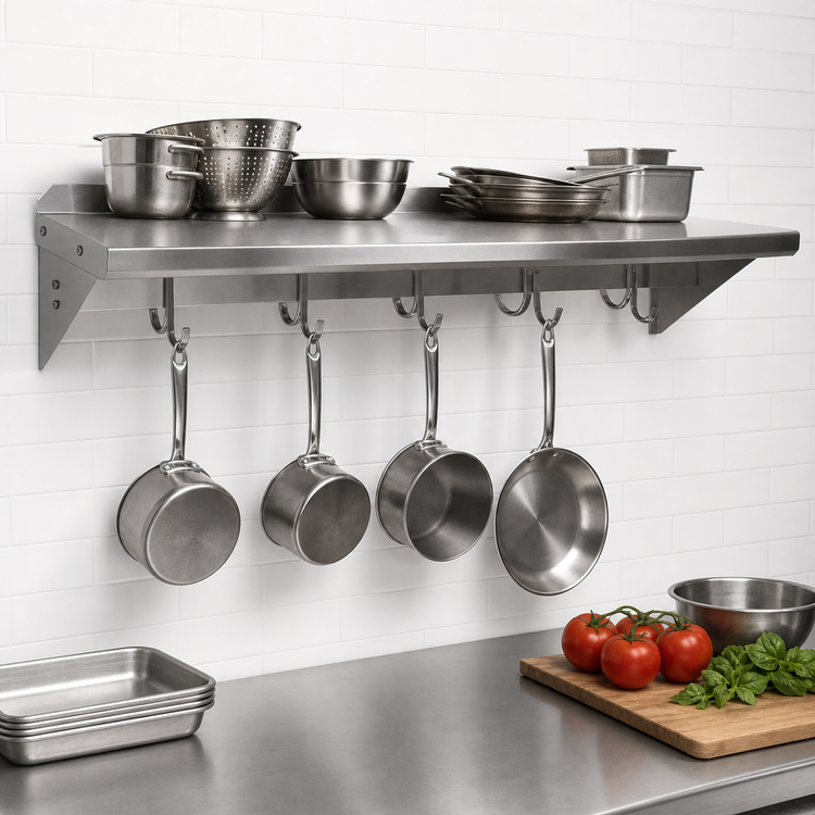 Product image #3 for John Boos Stallion 48 x 18 Inch Wall-Mounted Stainless Steel Pot Rack Shelf with 4 Hooks