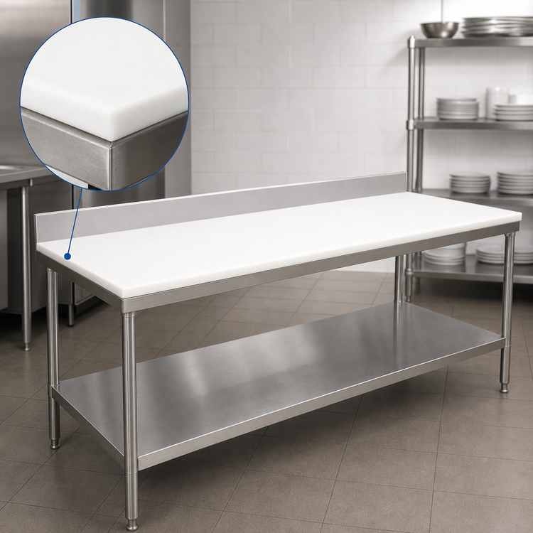 Product image #3 for Advance Tabco Poly-Vance 120-Inch x 24-Inch Poly-Top Work Table with 6-Inch Backsplash and Undershelf