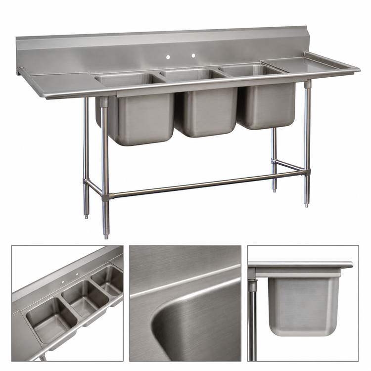 Product image #3 for Advance Tabco Regaline 3-Compartment Sink with Left & Right Drainboards, 16" x 20" Bowls, 14 Gauge 304 Stainless Steel