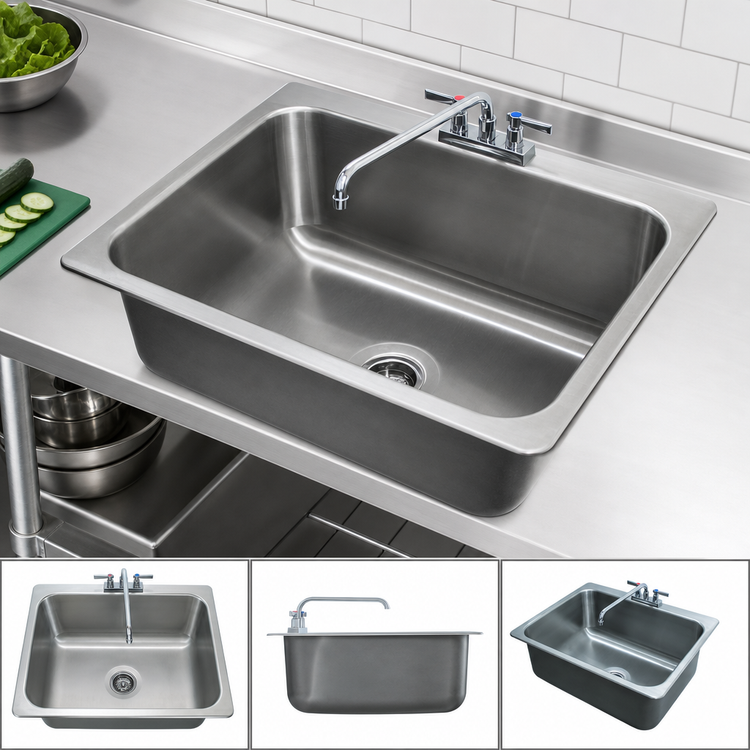 Product image #3 for Drop-In Single-Compartment 304 Stainless Steel Sink with 28" x 20" x 12" Bowl, 12" Swing Spout Faucet and Basket Drain