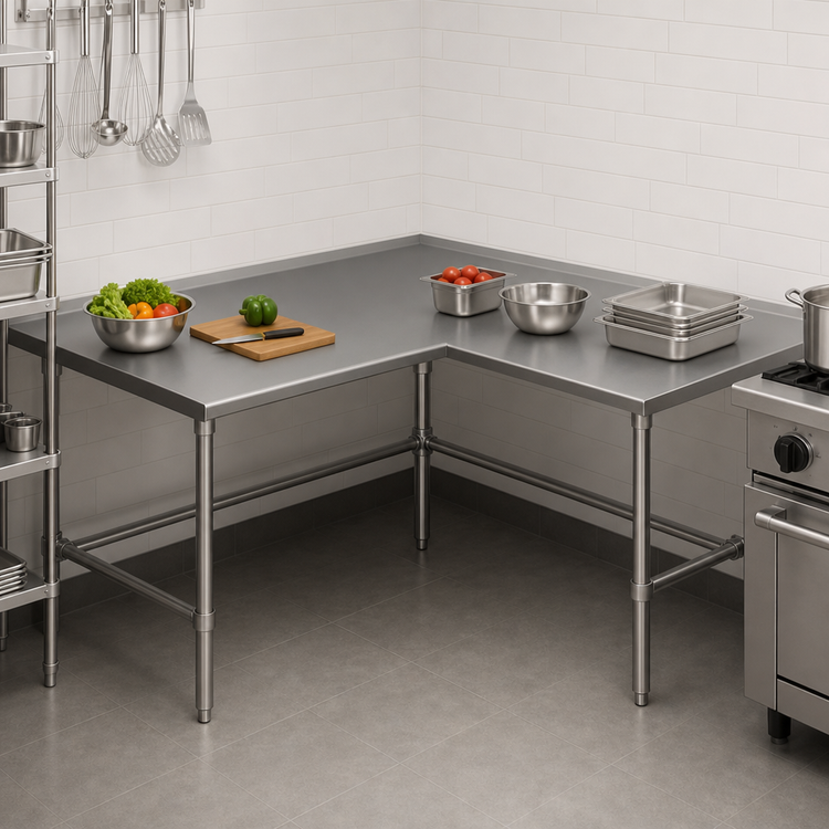 Product image #3 for John Boos L-Shaped Stainless Steel Corner Work Table, 60 x 60 in, 16-Gauge Top, 1-1/2 in Rear Up-Turn