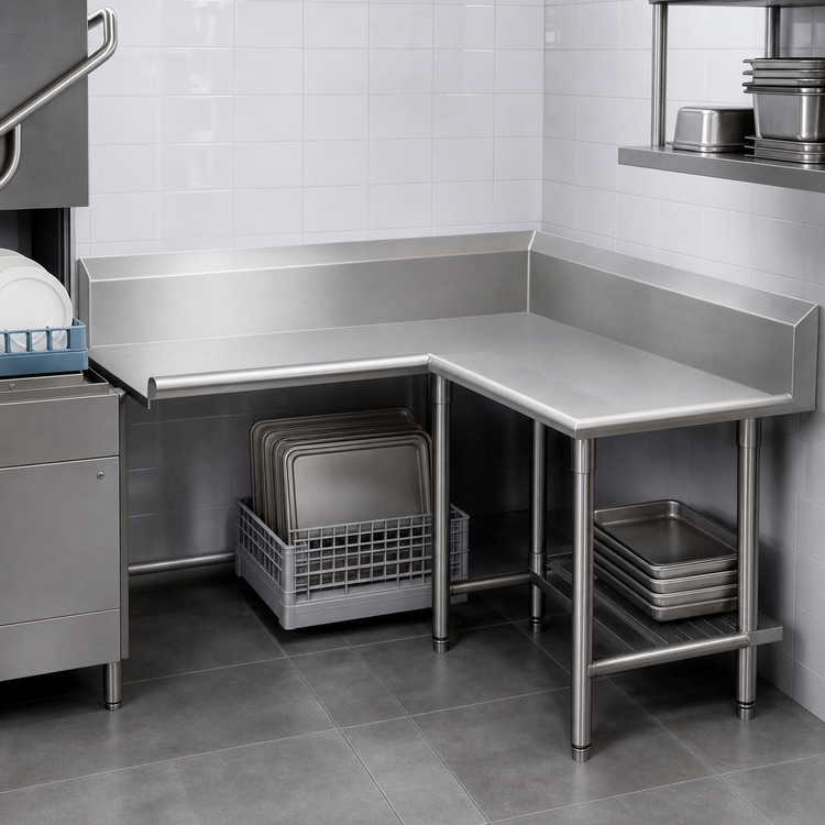 Product image #3 for Pro-Bowl Corner Clean Dishtable, L-Shaped, Left-to-Right, 60 x 120 Inch, 14-Gauge Stainless Steel, 10-Inch Boxed Backsplash