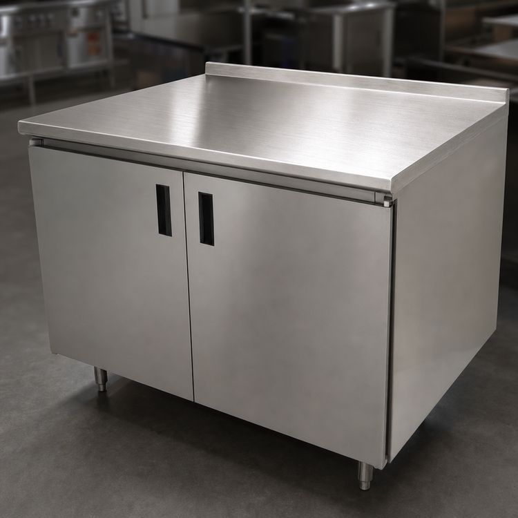 Product image #3 for Advance Tabco 60-Inch x 30-Inch Enclosed Work Table with Cabinet Base, Mid-Shelf, Hinged Doors, and 14-Gauge 304 Stainless Steel Top