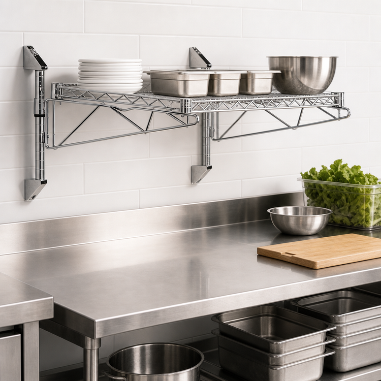 Product image #3 for Quantum Cantilever Wall-Mount Single Shelf Wire Shelving Unit, 54 x 18 Inches, Chrome Plated