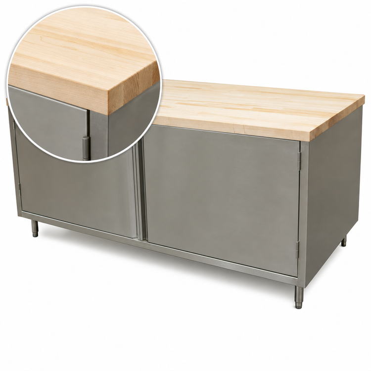 Product image #3 for BK Resources 72-Inch Hard Maple Top Chef Table with Stainless Steel Cabinet Base and Hinged Doors