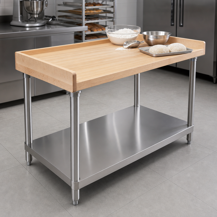 Product image #3 for Advance Tabco 72" x 36" Bakers' Table with 1-3/4" Wood Top, Stainless Steel Undershelf and Legs